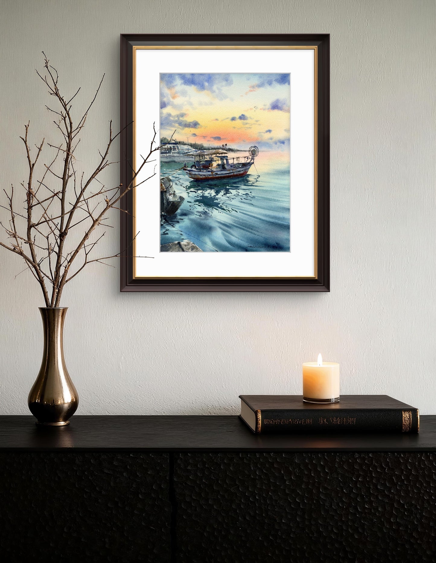 Original Fishing Boat Painting 'Boats on the Pier Sunset #3'