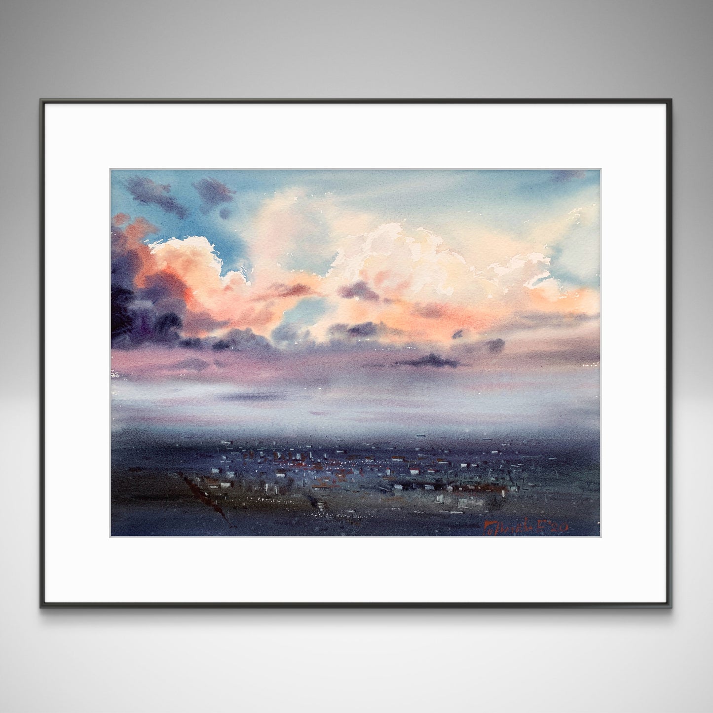 Cyberpunk City Above The Clouds Painting Original, Watercolor, City Cloudscape at Sunrise 12x16