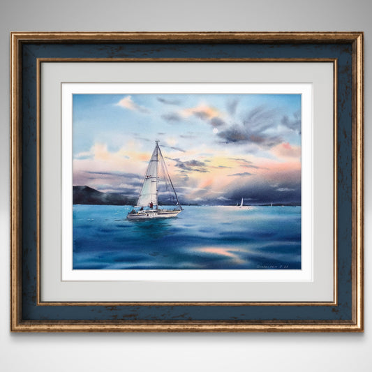 Original Sailboat Watercolor Painting, Ocean Sunset Art, Yacht in the sea at sunset #5