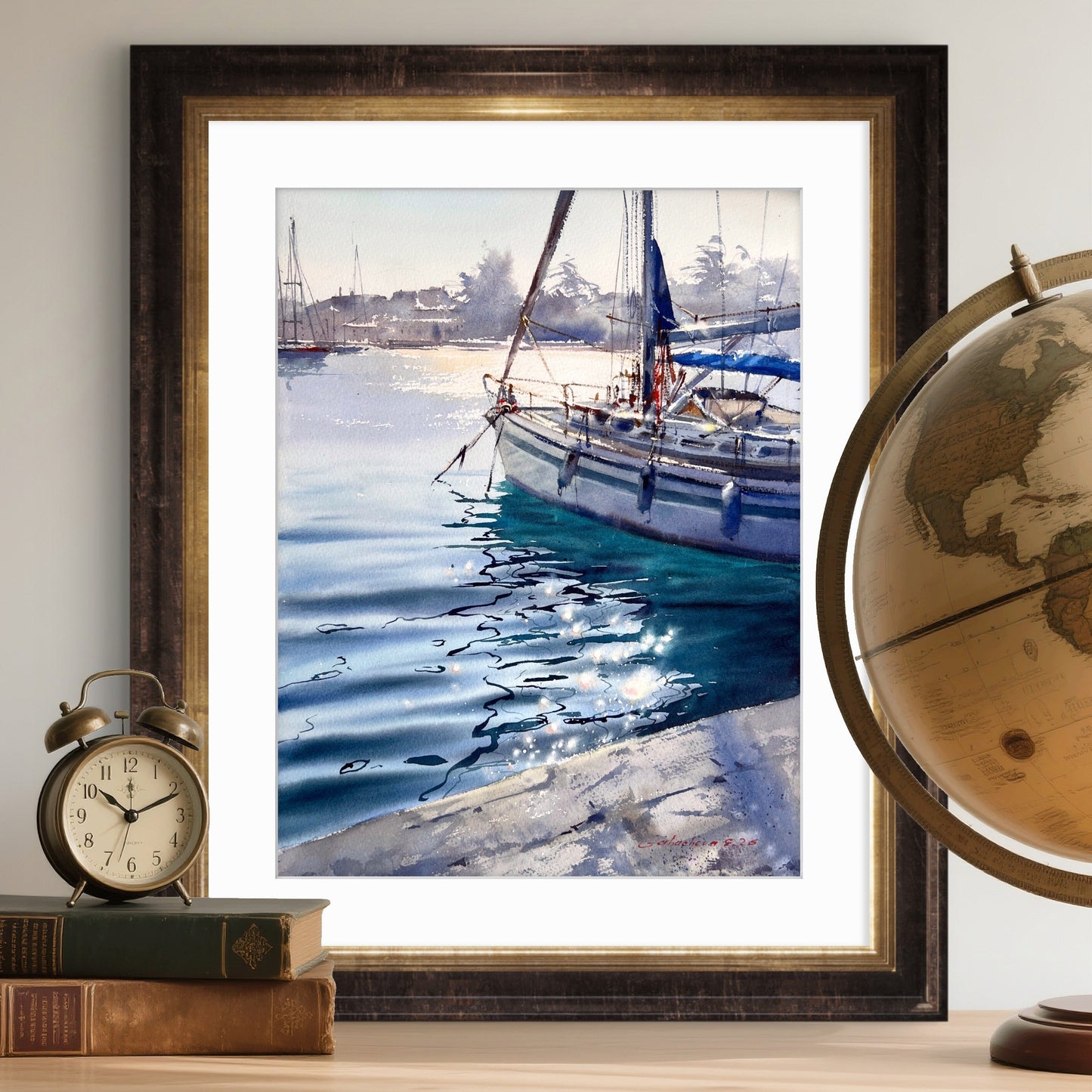 Original Watercolor Sailboat Painting, Marina Seascape, Dancing Reflections 12x16