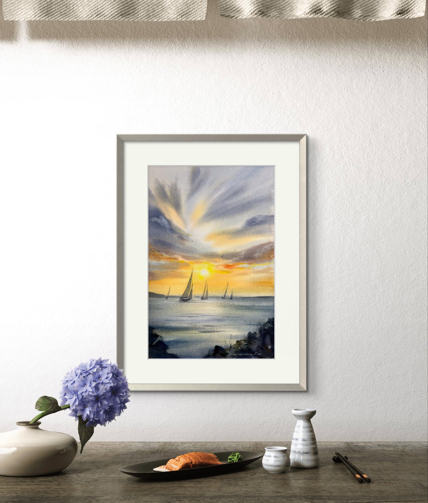 Seascape Watercolor Painting Original, Orange Blue Ocean Art, Clouds, Home Wall Decor, Unique Gift, Sailboat