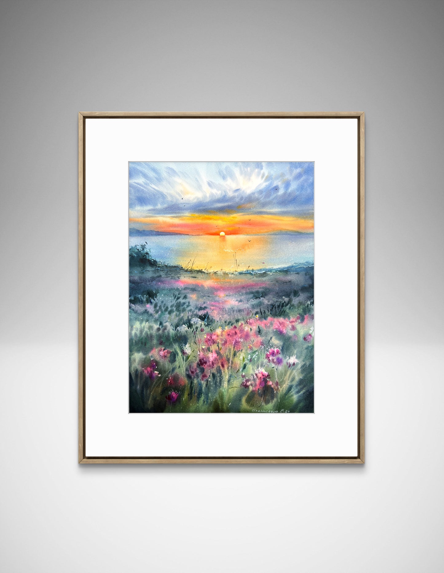 Original Watercolor Painting: Flowers and Sea at Sunset - Clover Field Art