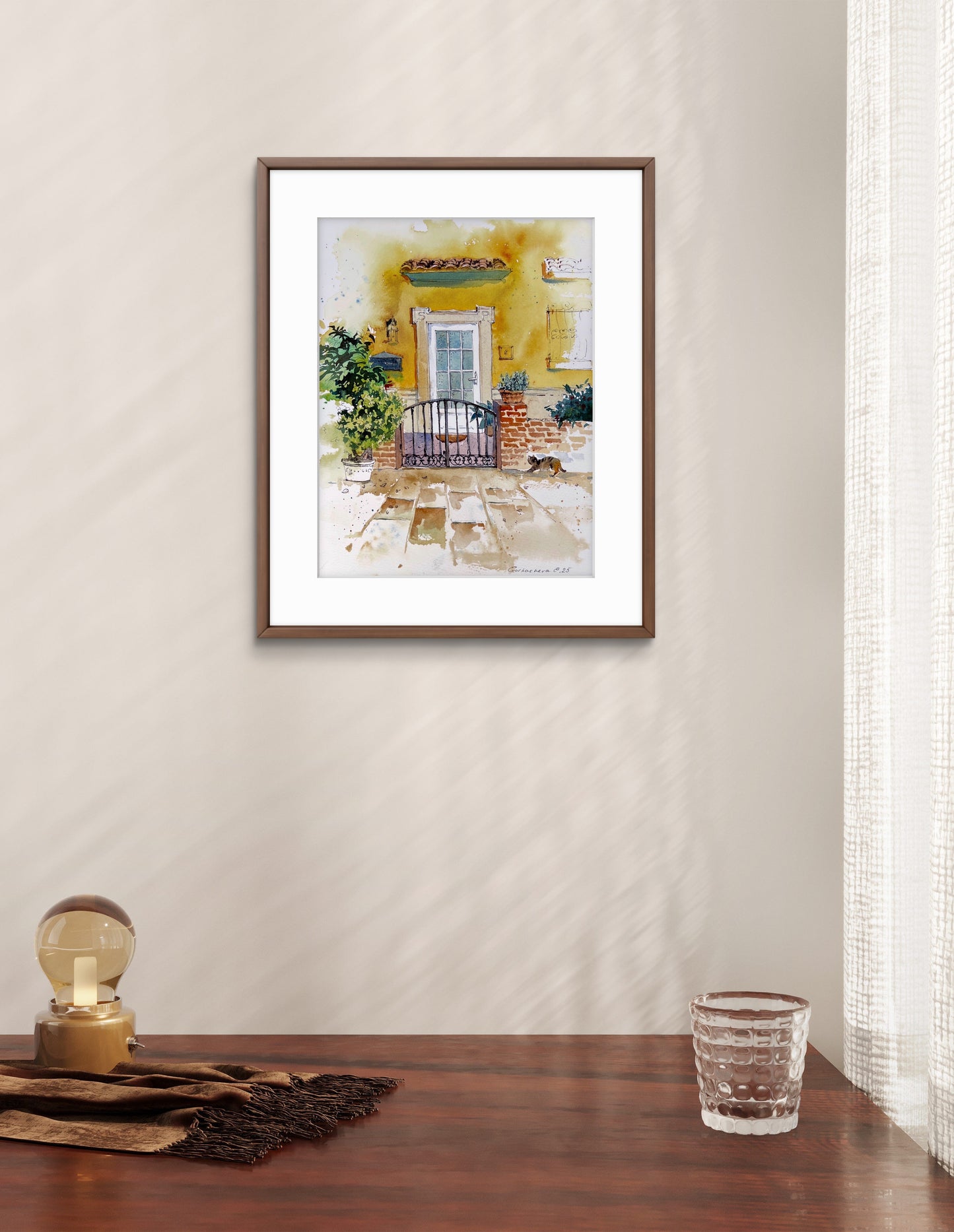 Original Small Watercolor Painting - Spanish Courtyard with Cat - House Gate Art