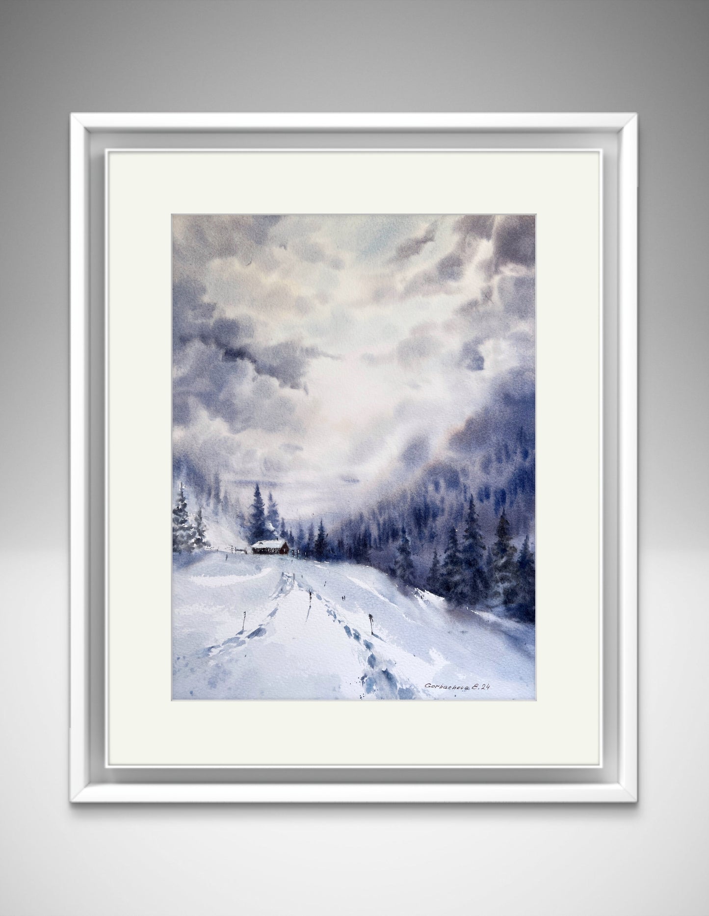 Serene Frosty Forest Watercolor Painting -  Snow Fairy Tale