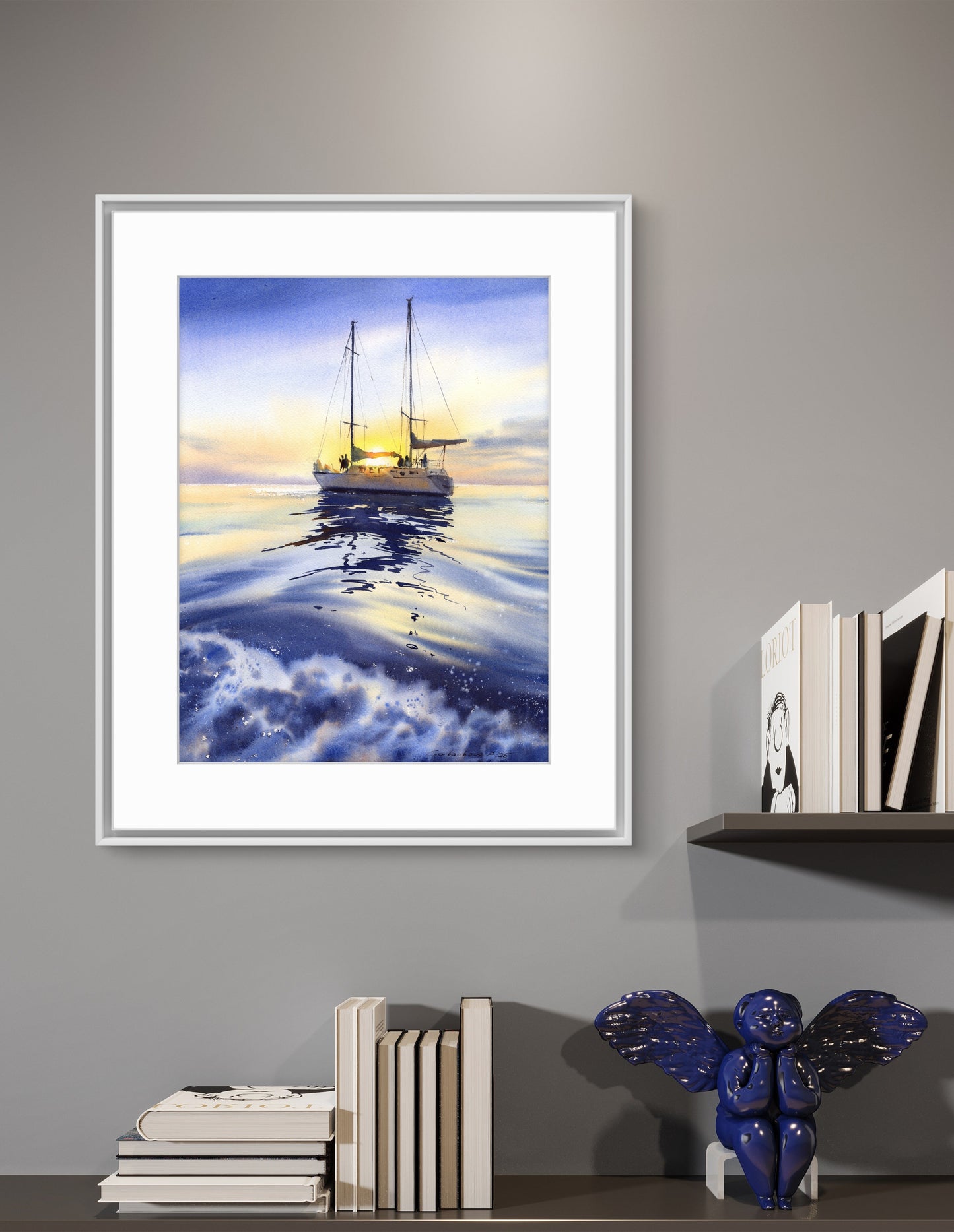 Watercolor Painting Original Seascape "Where the Yacht Meets the Sky #2" 12x16 in Blue Yellow Art Gift (Copy)