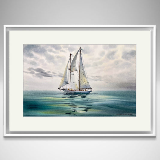 Original Under Sail #4 Watercolor Painting, Yacht at Sea - Perfect 8x12 Inch Gift