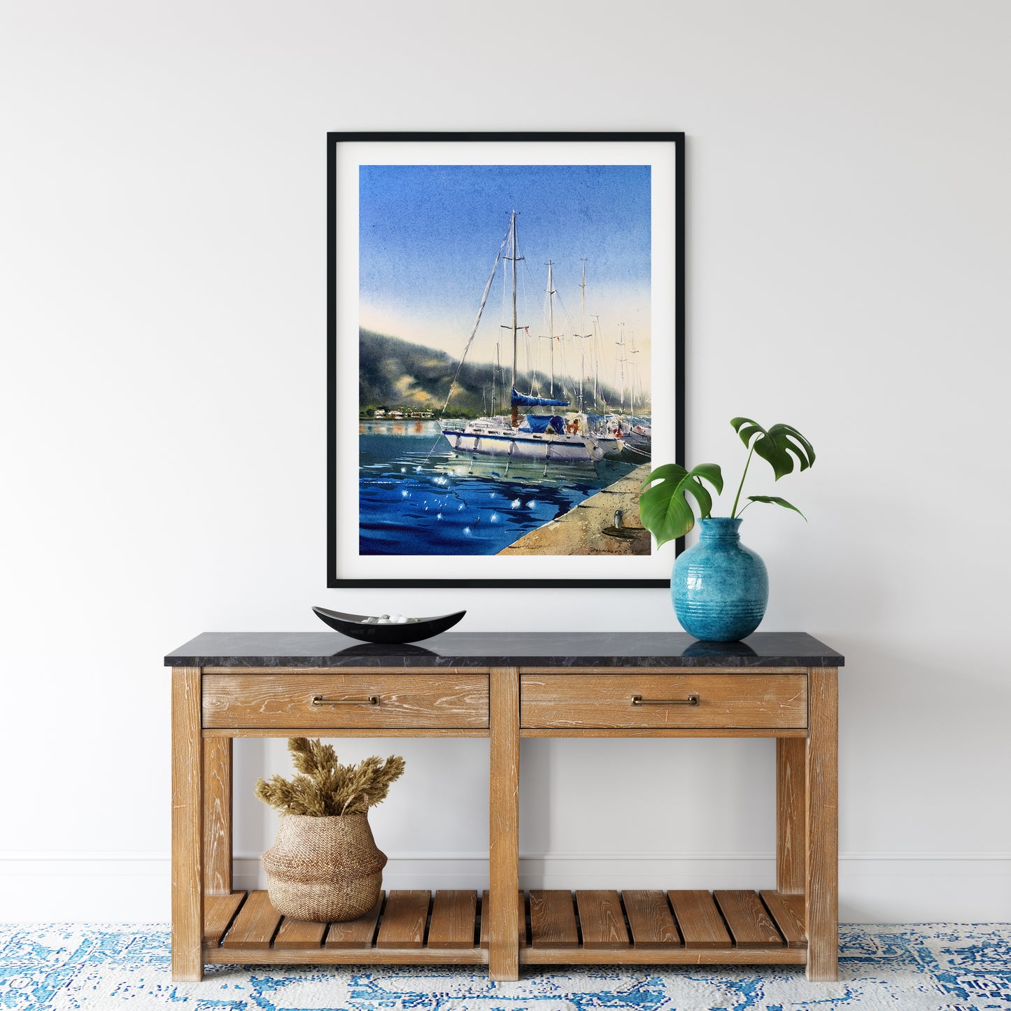 Yacht Art Print, Living Room Wall Decor, Watercolor Scenery Painting, Seascape Canvas Home/Office Decor Gift
