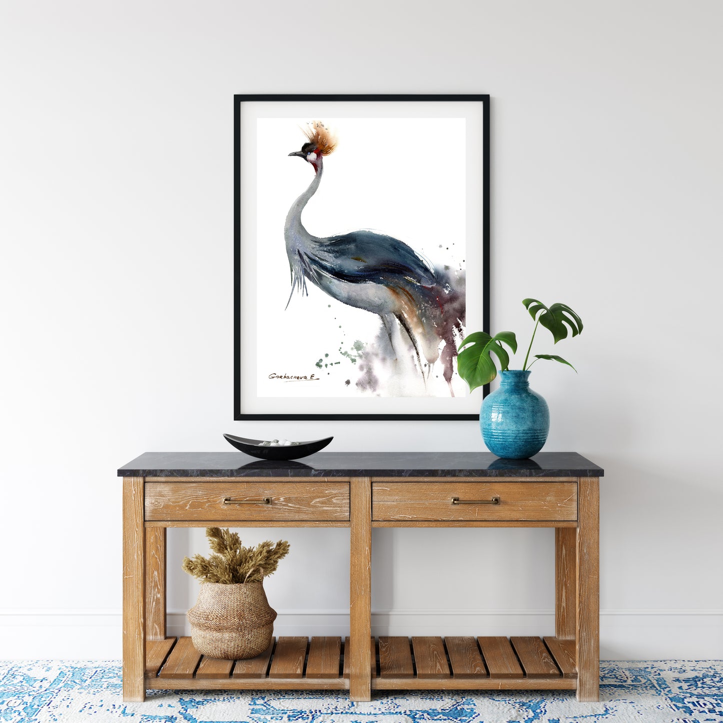 Bird Art Print, Watercolor Crowned Crane Painting, Fine Art Minimalist Birds, Canvas Print, Living Room Decor