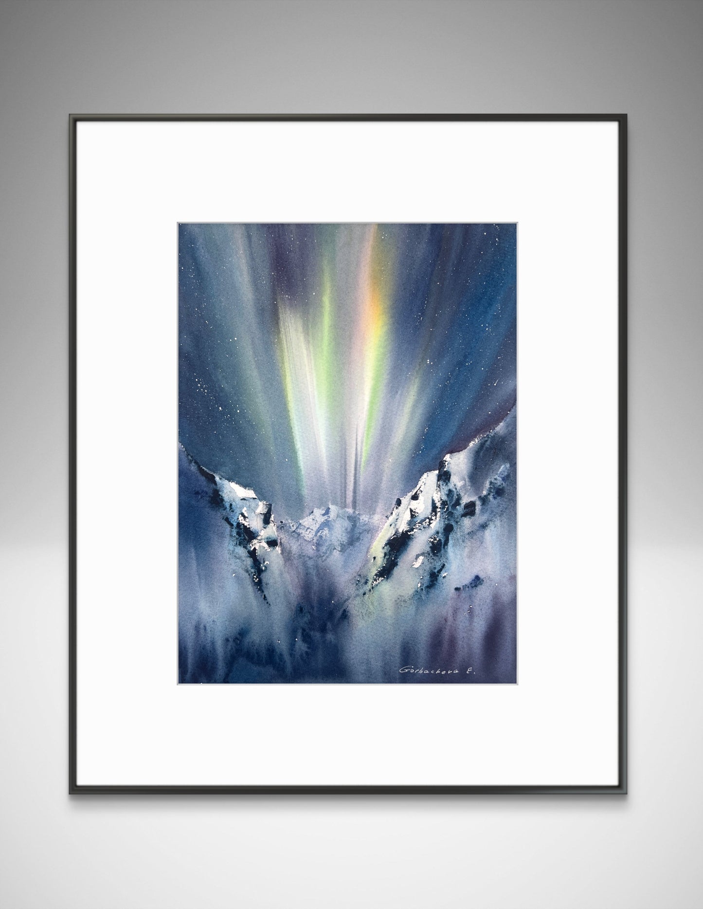 Northern Lights Mountain Watercolor, Eruption of Light 9x12