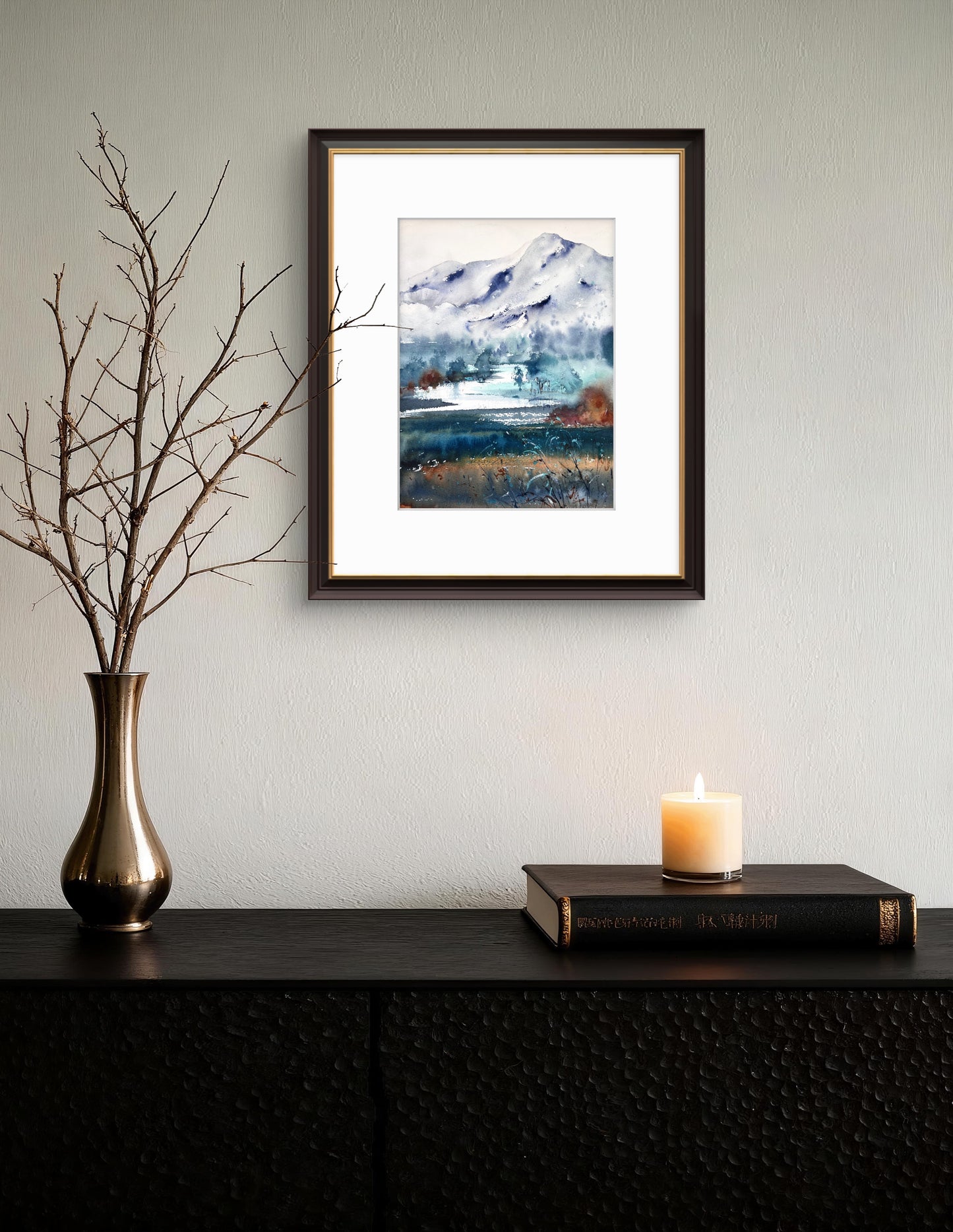 Mountain Valley Village Watercolor Painting, Mountain river #13 9x12