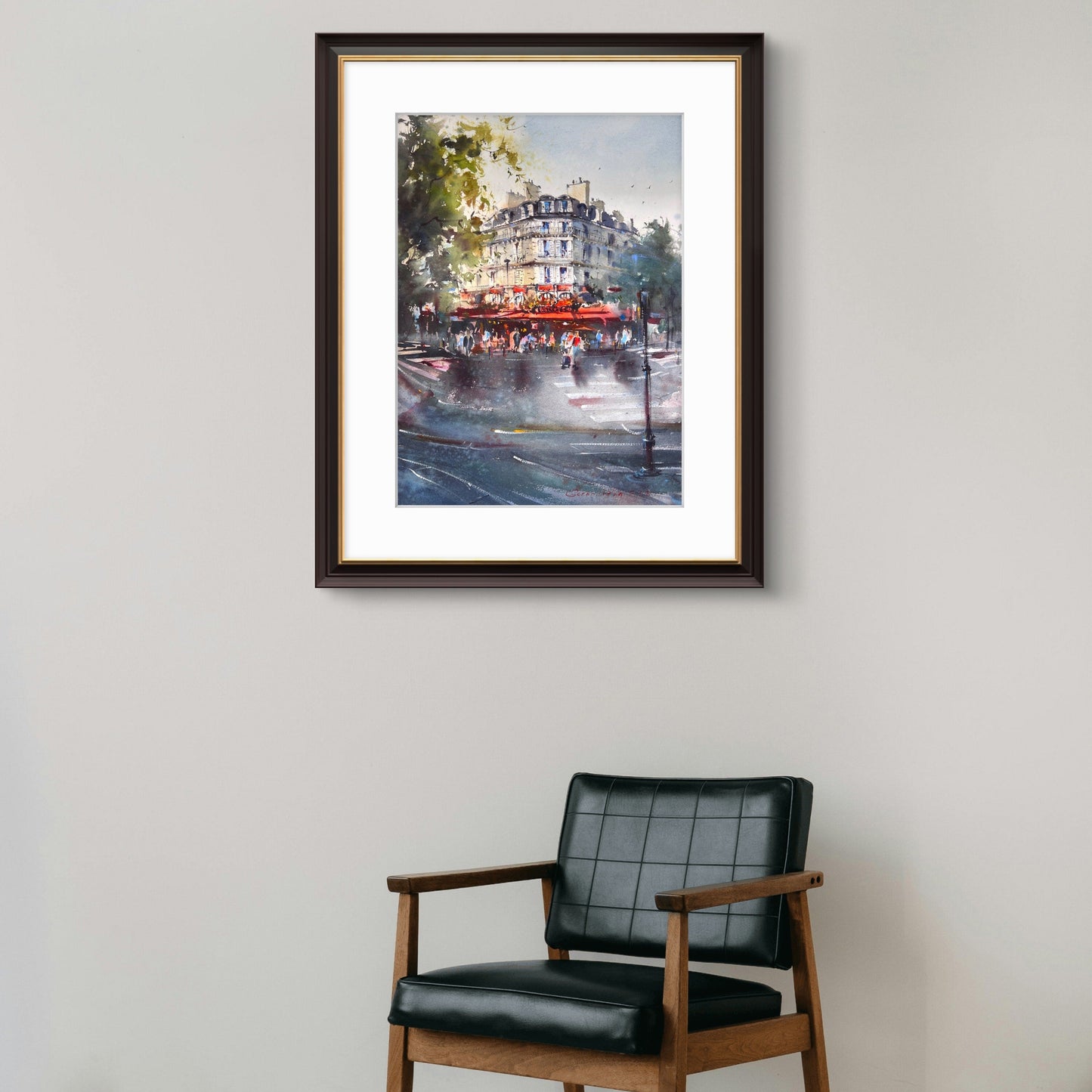 Paris Watercolor Painting French Cafe, Cafe Rouge Memories 15x20