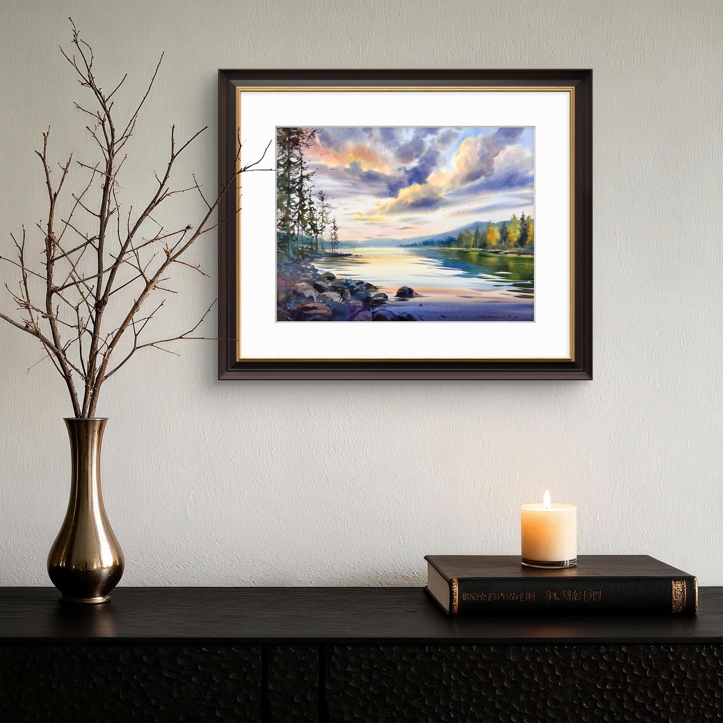 Sunset Lake Watercolor Painting, Silence of the Sunset 12x16