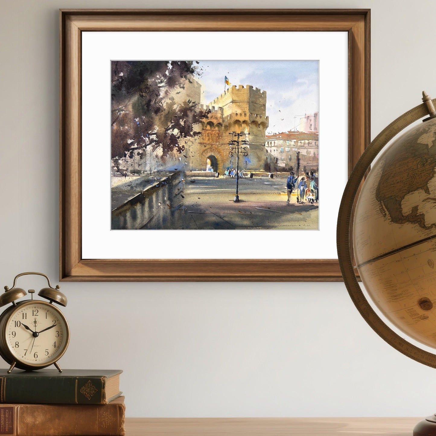 Valencia Watercolor Painting, Spanish Cityscape Art, Golden Gate Valencia 13x15 in