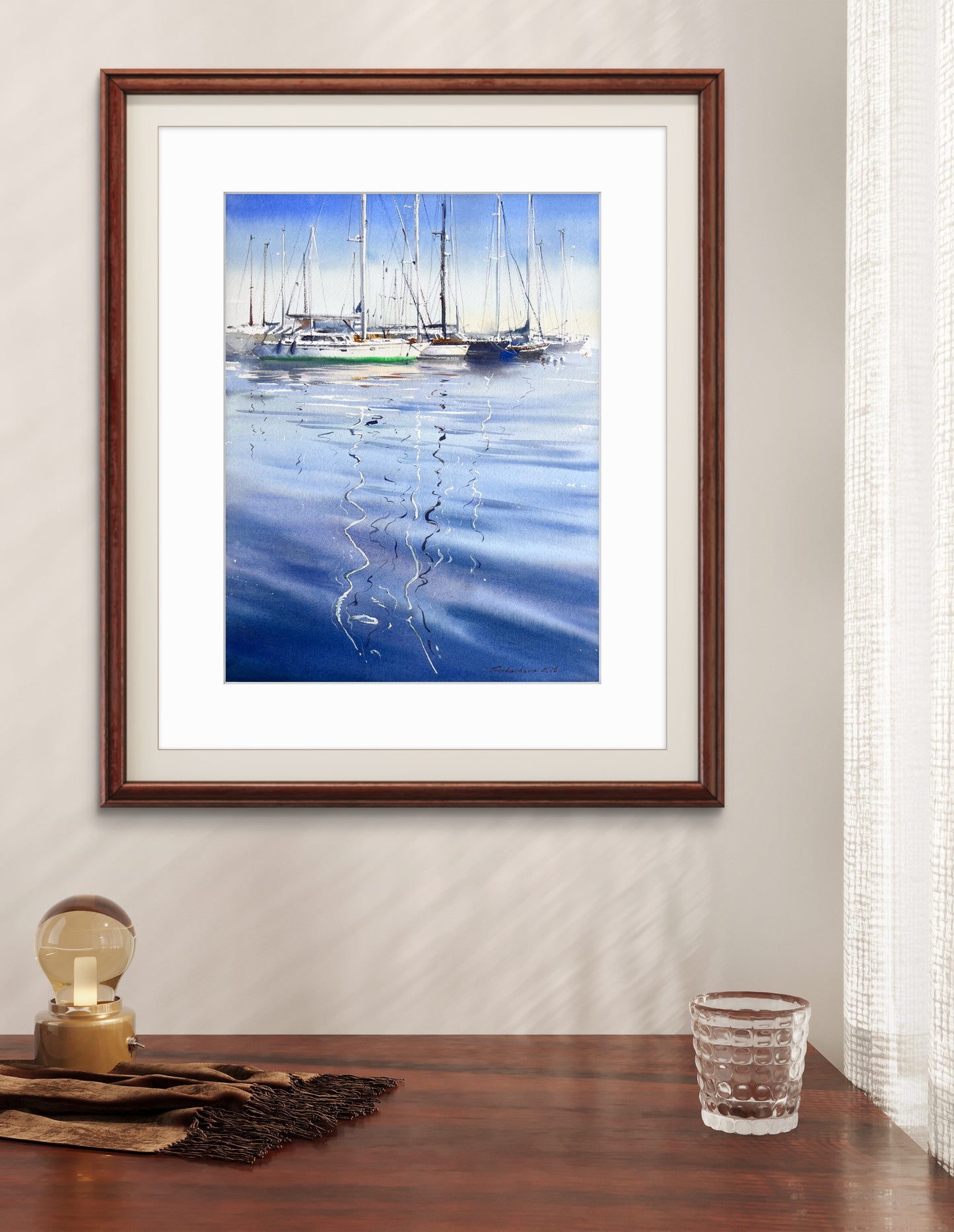 Original Watercolor Marina Painting, Sailboats Harbor Reflection, Blue Harbor Poetry 12x16