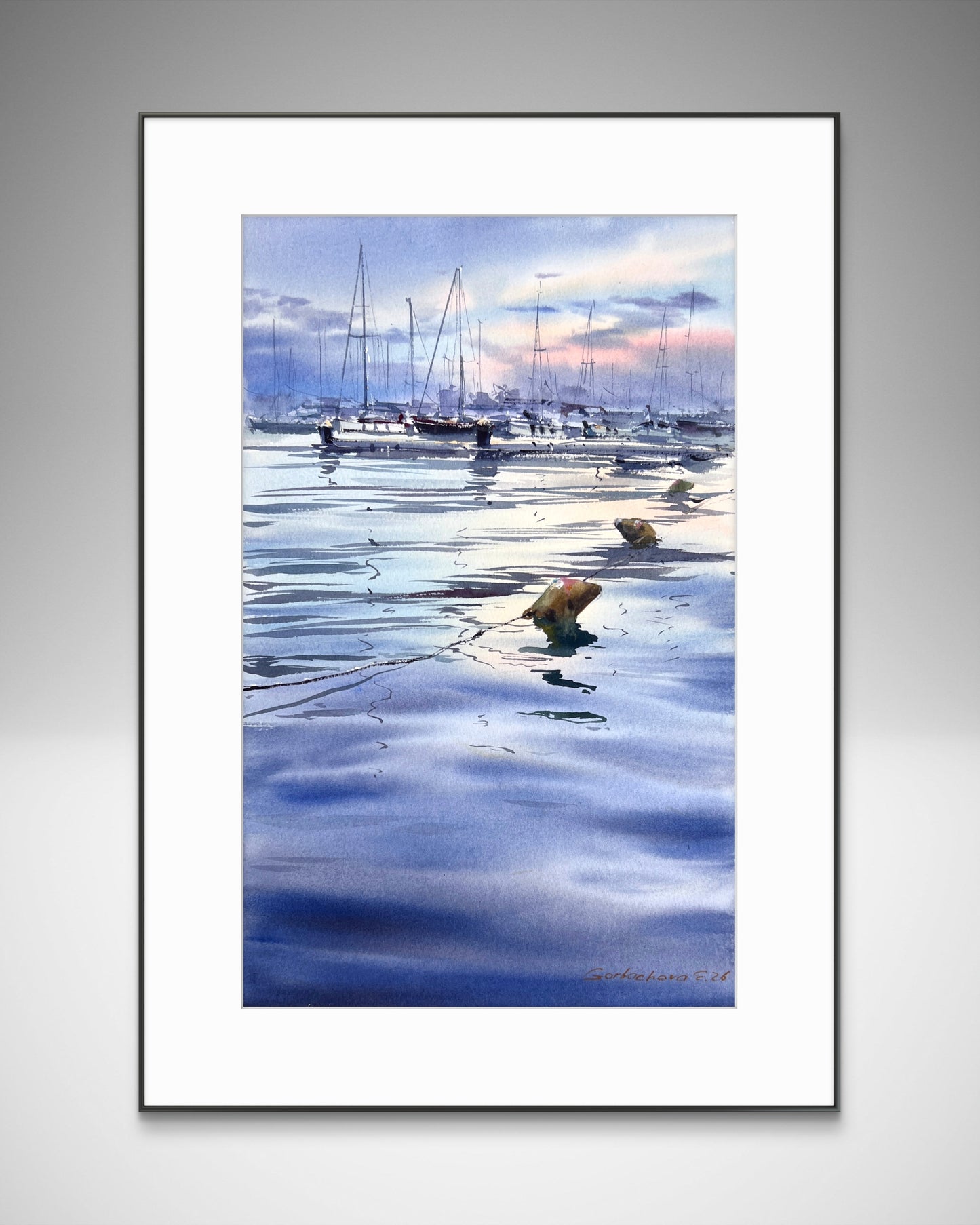 Original Watercolor Marina Painting | Sailboats at Sunset | Harbor Silence 10x16