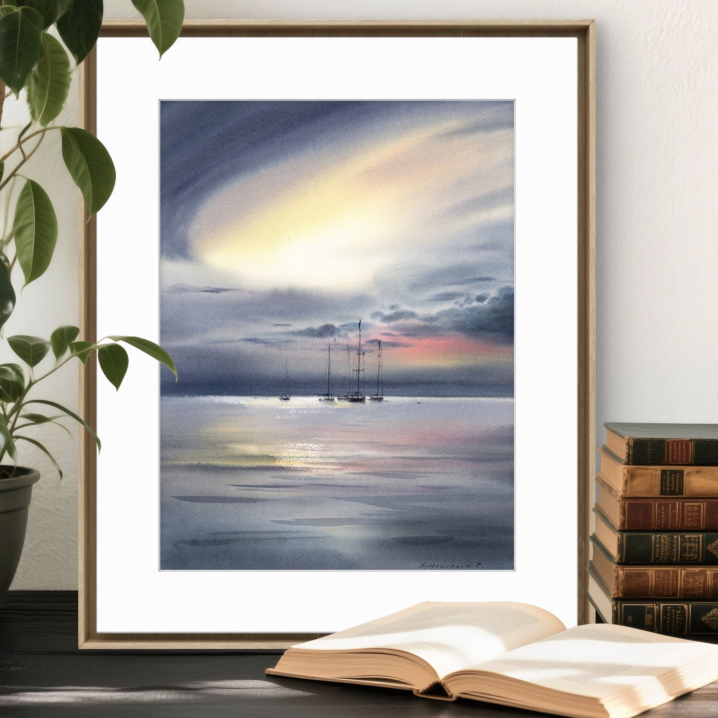Cloud Yacht Painting Original Watercolor - Yachts at sea at dawn #2 - 12x16