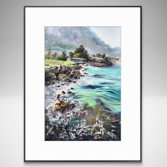 Sea Shore Painting Original Watercolor, Modern Seascape, Cyprus Coast Art, Clear Water, Wave Living room Wall Decor
