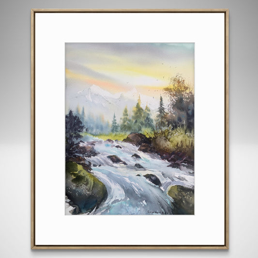 Forest Painting Original Watercolor, Mountain Wall Decor, Pine Trees Art, Mountain river #31 12x16