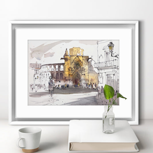 Cityscape Painting Original Watercolor "Golden Cathedral Valencia" - 9x12 in