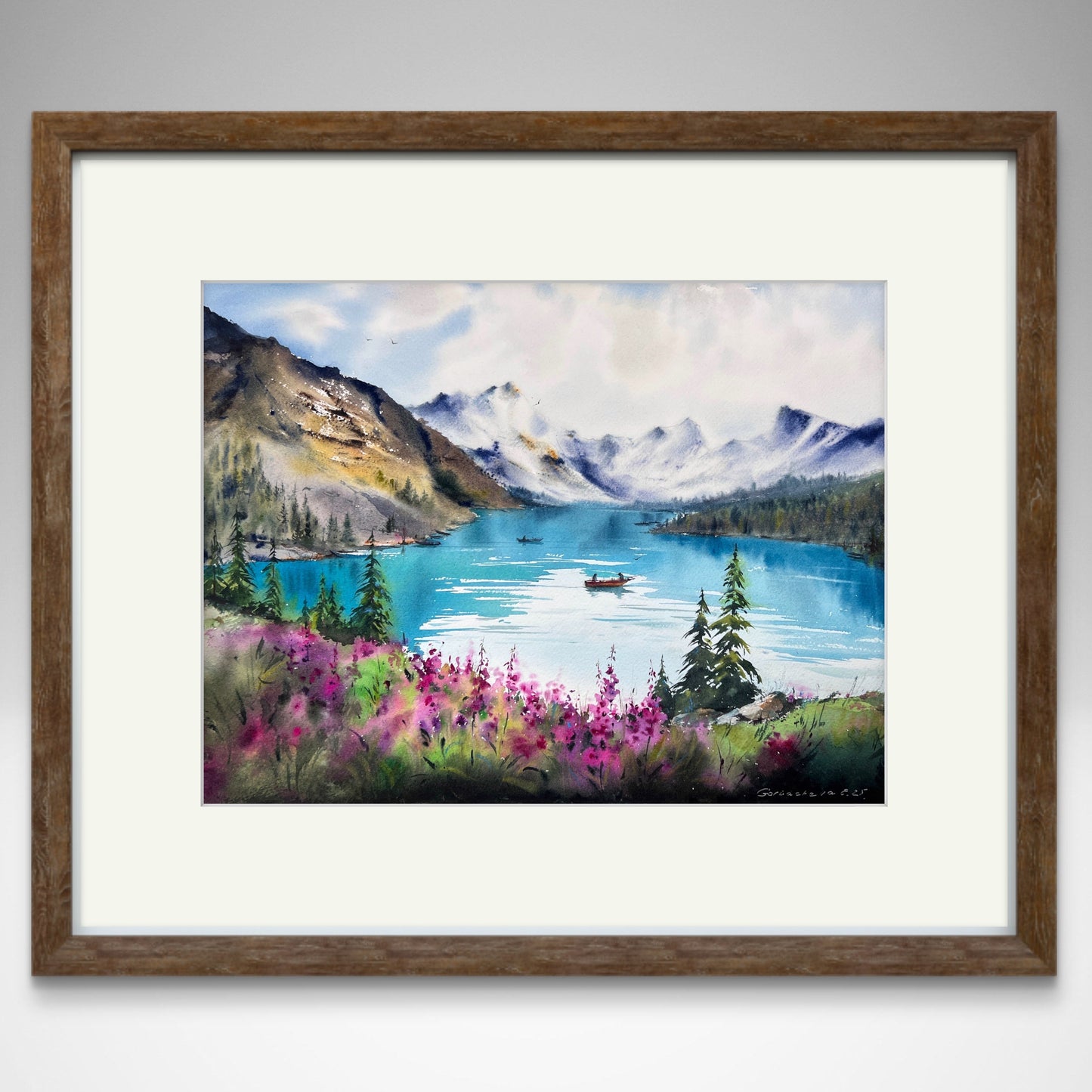 Watercolor Mountain Lake Art, Horizontal 16x12 in Turquoise Lake Landscape Painting