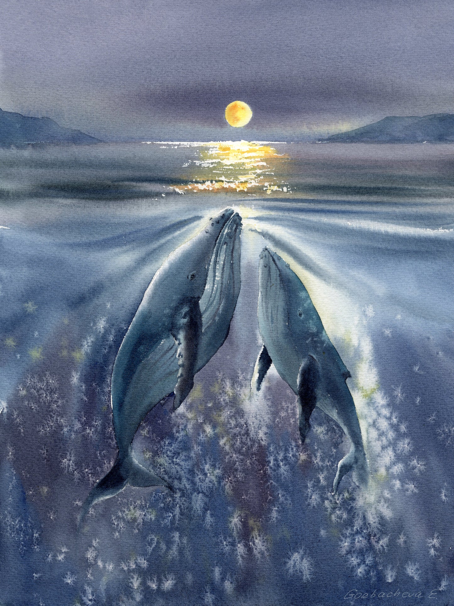 Whale Family Moonlight Watercolor Print - Whale Ocean Art