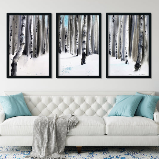 Birch Trees Prints Set of 3, Abstract Forest Wall Art, Nature Watercolor Paintings, Landscape Living Wall Decor