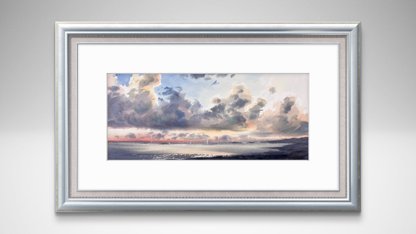 Watercolor Ocean Sunset Art, Dramatic Clouds Sunset Ocean Painting, Yachts at sunset #22 6x13