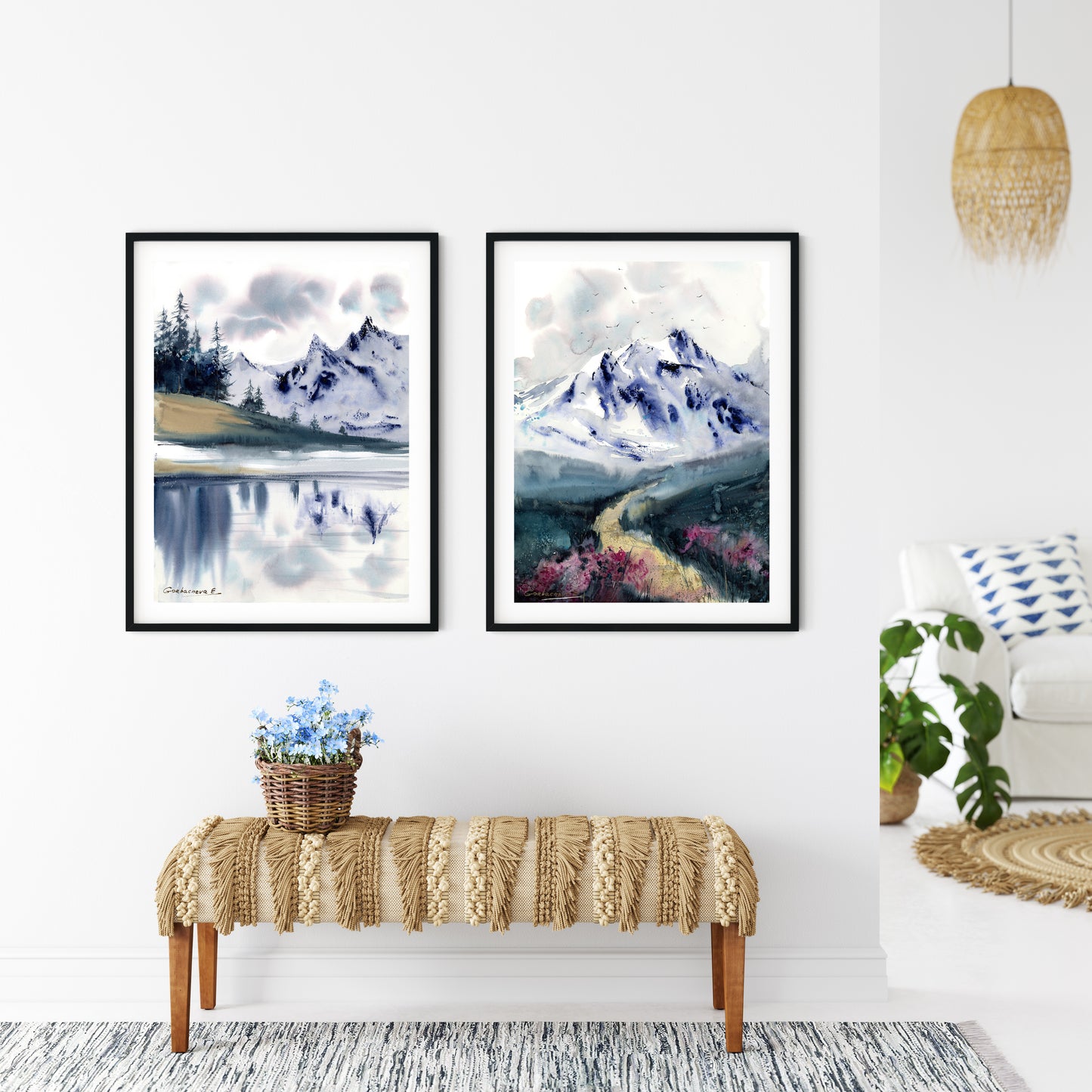 Modern Art Prints, Set of 2 Pieces, Nature Wall Art, Mountain Forest Painting, Design Home Décor, Canvas Giclee Print