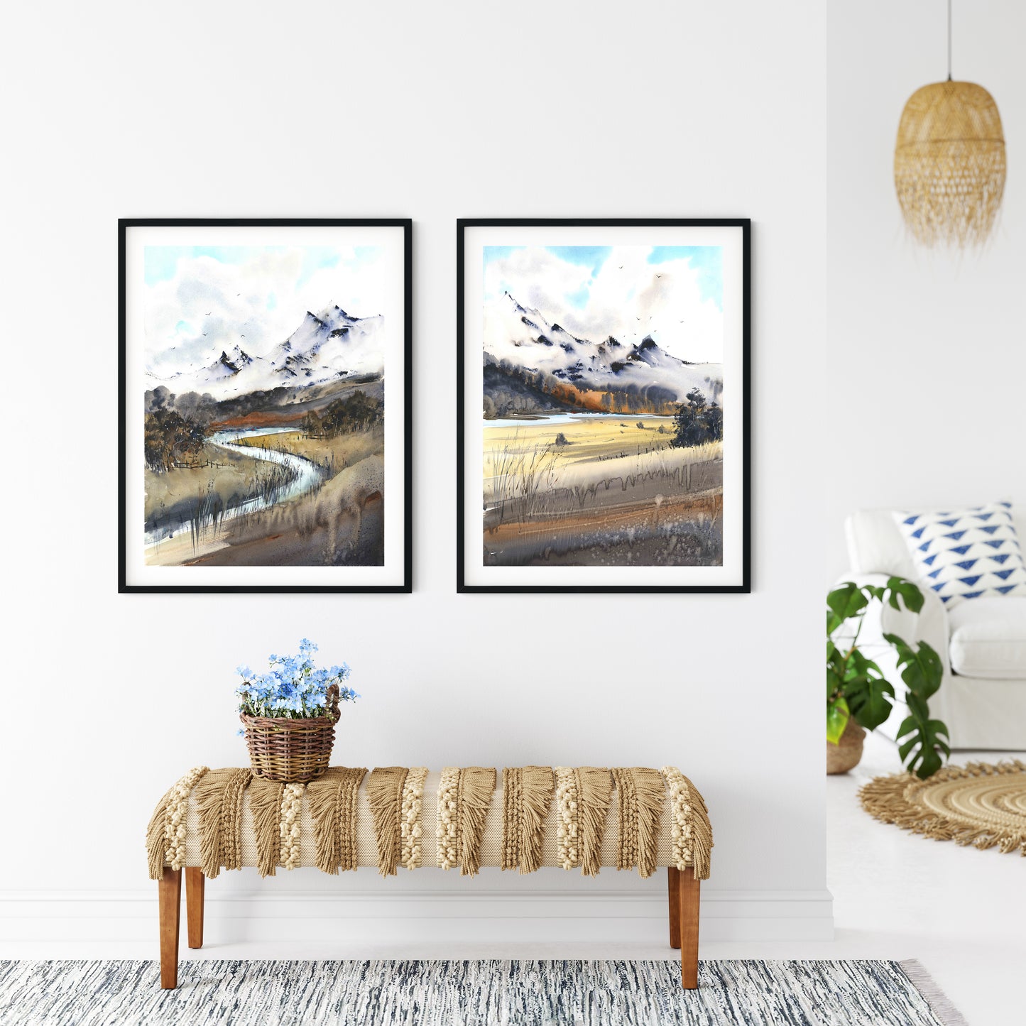 Fall Mountain Set of 2 Abstract Art Prints, Nature Wall Art, Contemporary Painting, Living Room Decor, Canvas Large Print, Burnt Yellow