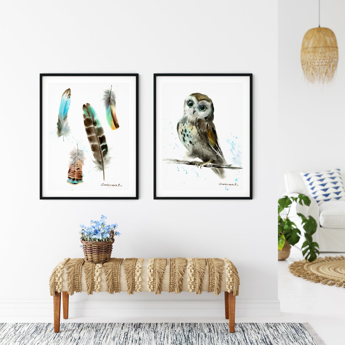 Set of 2 Owl, Watercolor Prints, Gray Bird Wall Art, Minimalist Bird, Animal Kids Room Decor, Canvas Print
