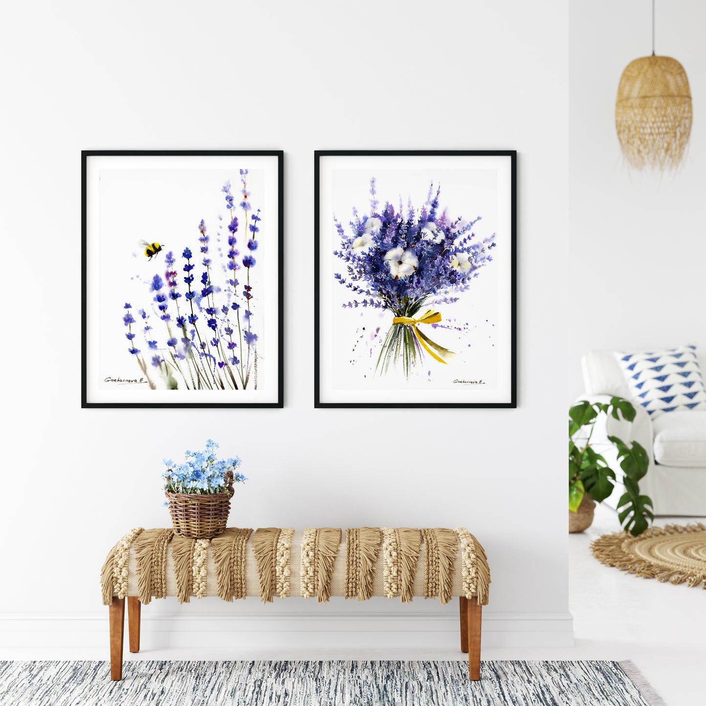 Set of 2 Lavender Wall Art, Purple Flower Prints, Bedroom Country Decor, Provence Art, Bee Flowers Watercolor Painting