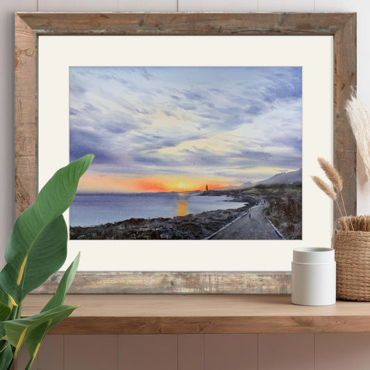 Watercolor Sunset Seascape Painting, Coastal Lighthouse Landscape Art, Sunset on the sea Lighthouse 12x16