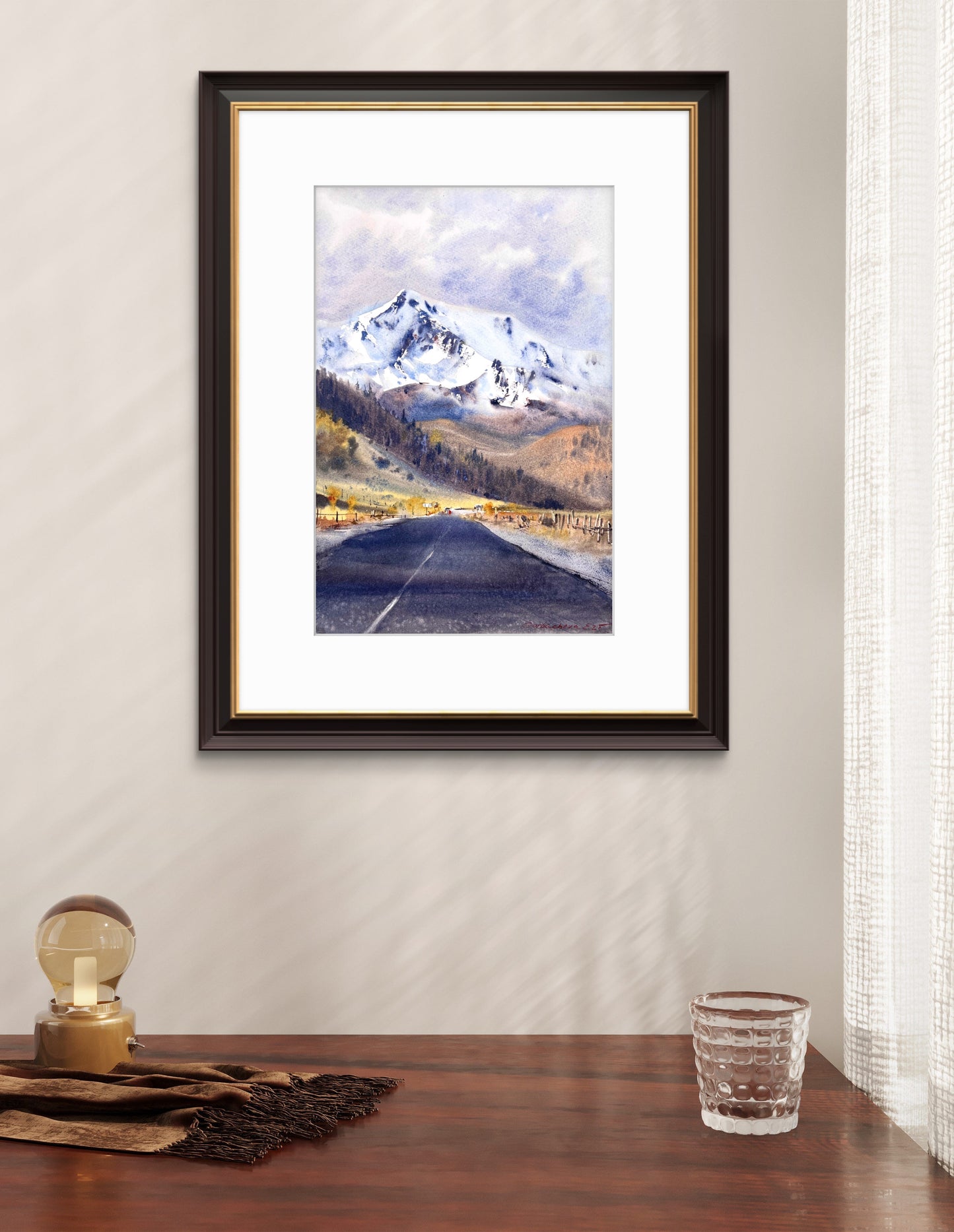 Snowy Mountain Road Watercolor Painting, Winter Landscape Painting, Road to the Clouds   10x16 (Copy)