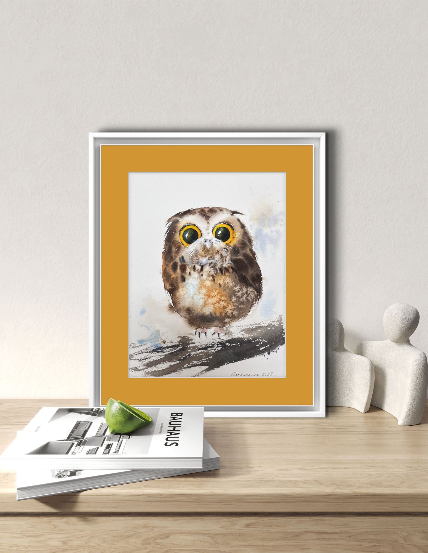 Original Watercolor Painting Tiny Owl, Cute Baby Owl Art, Amber-Eyed Owlet 8 x 10 in