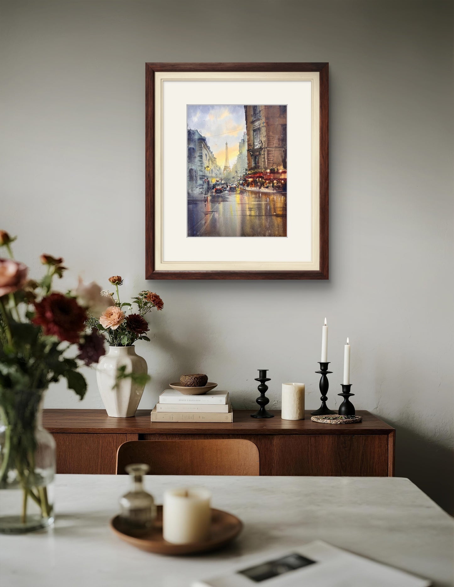 Paris Street Watercolor Painting, Eiffel Tower Art, Paris in Golden Rain 12x16