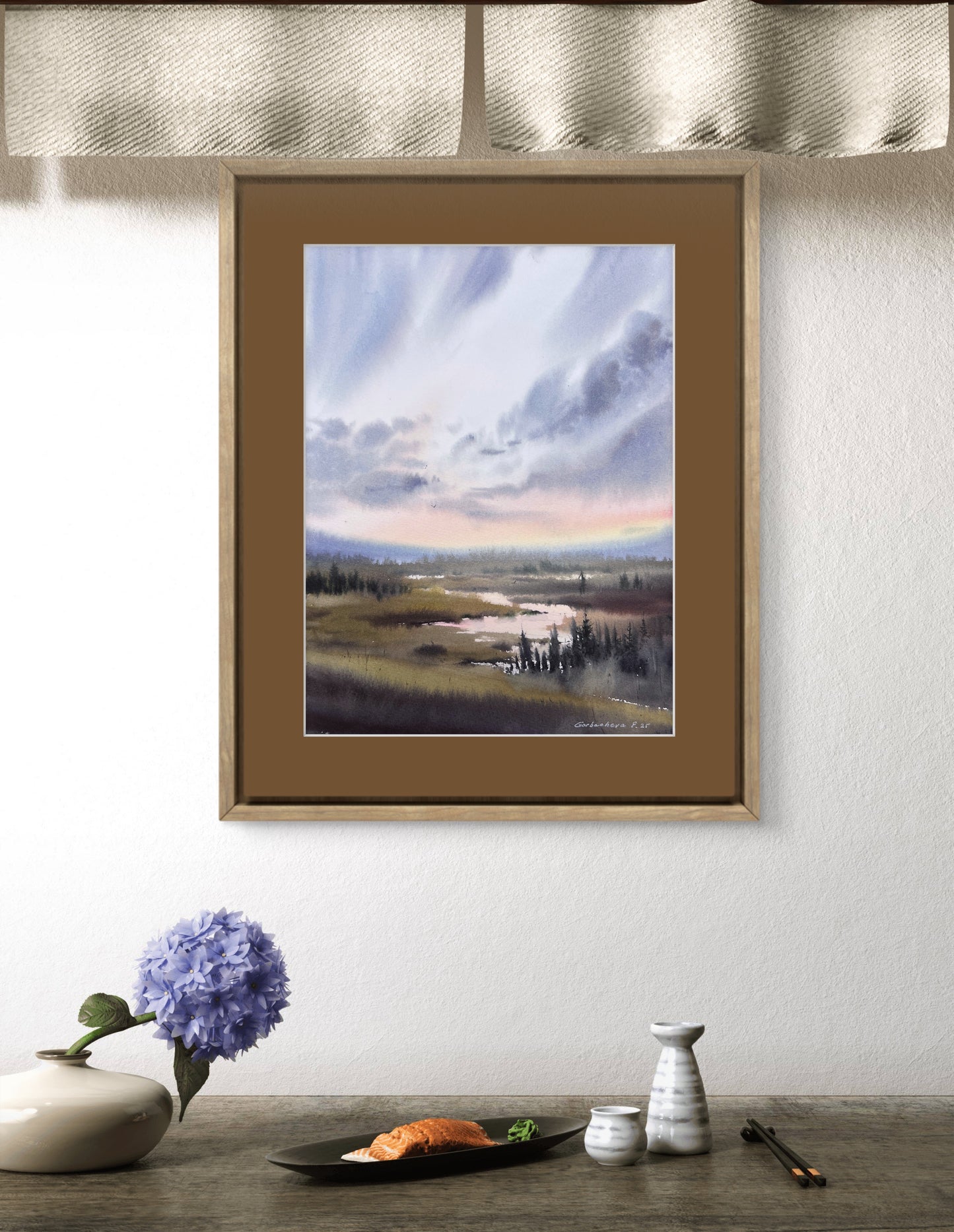 Original Marsh Sunset Watercolor Painting, Misty Dawn 9 x 12 in