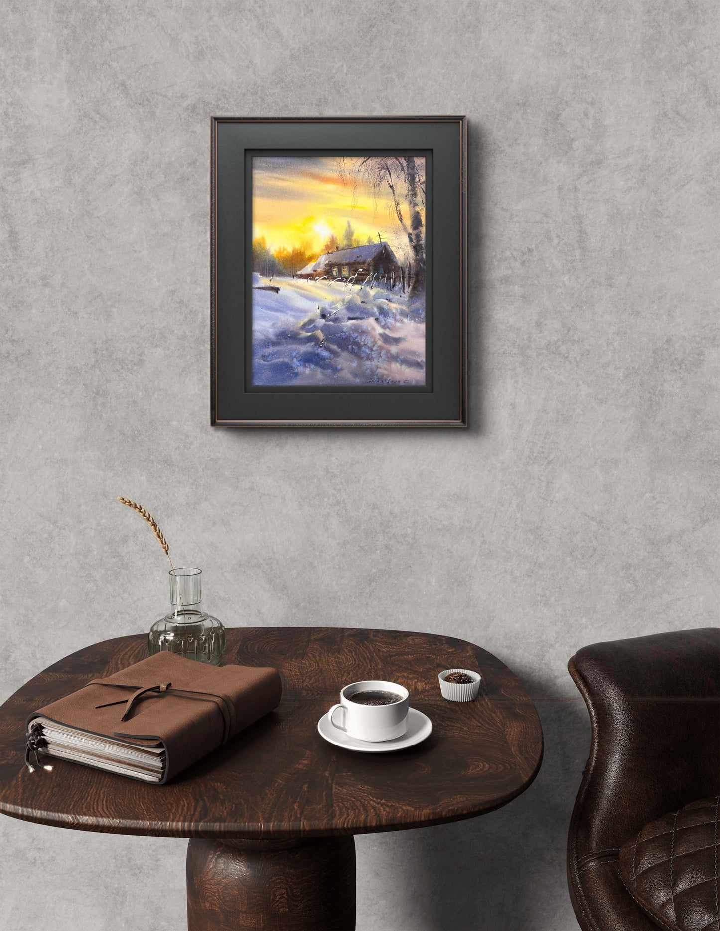 Rustic Winter Sunset Watercolor Painting, Winter's Quiet Embrace 9X12