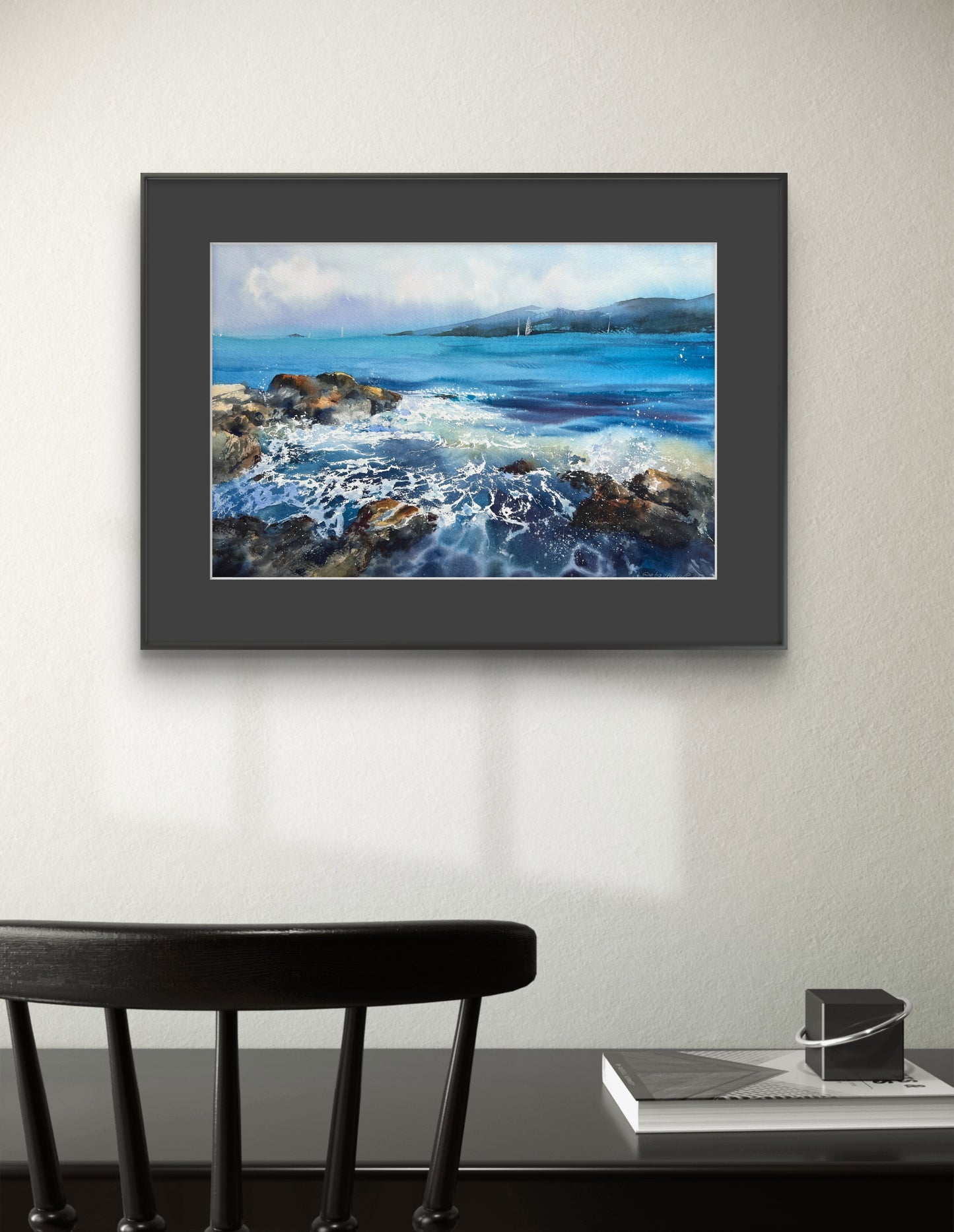 Coastal Painting Original, Watercolour Seascape Artwork - "Sea and Stones #2" - 15x22 in