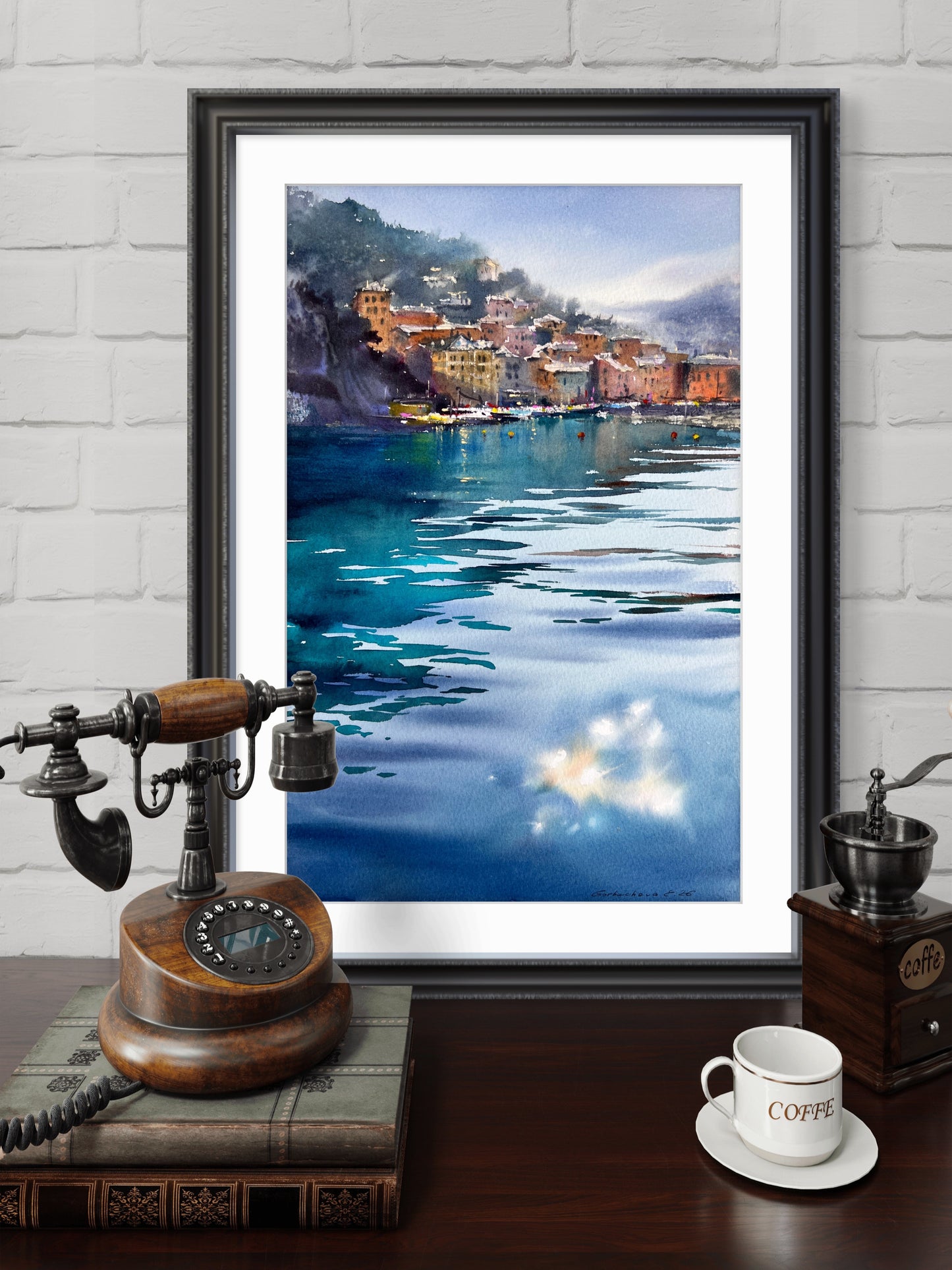 Camogli Italy Watercolor Painting, Coastal Harbor Art, Blue Italian Morning. Camogli 9x14