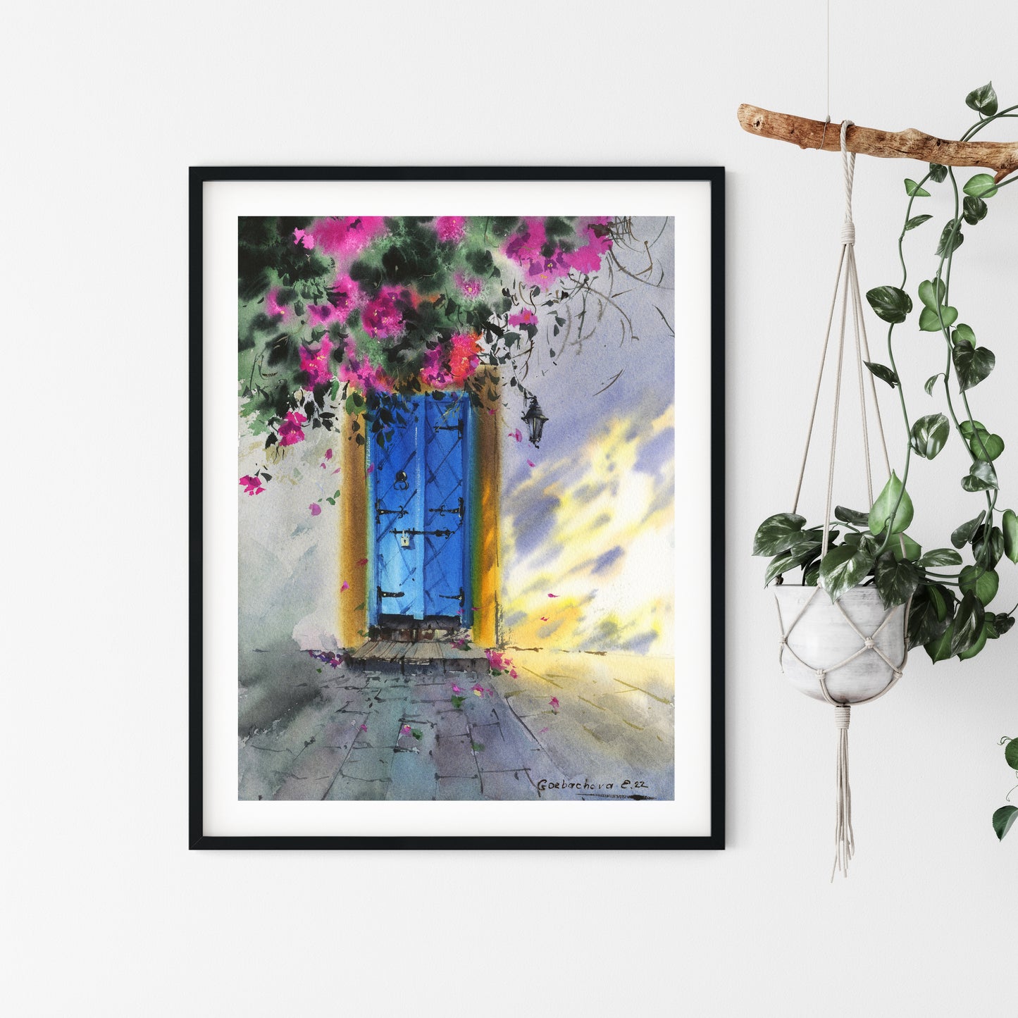 Greek backyard Painting, Blue Door Print, Bougainvillea Wall Art, Vintage Greece, Watercolor Art, Mediterranean Artwork