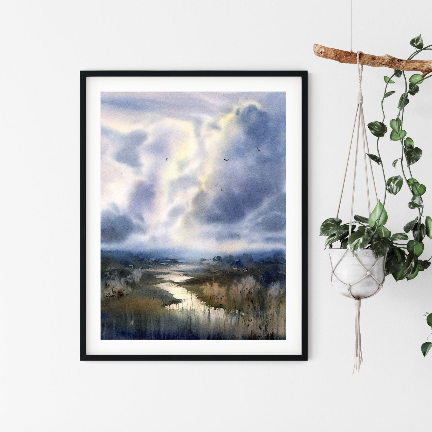 Contemporary Landscape Wall Art, Country Art Print, Rainy Day Watercolor Scenery Painting, Dark Blue Clouds on Canvas