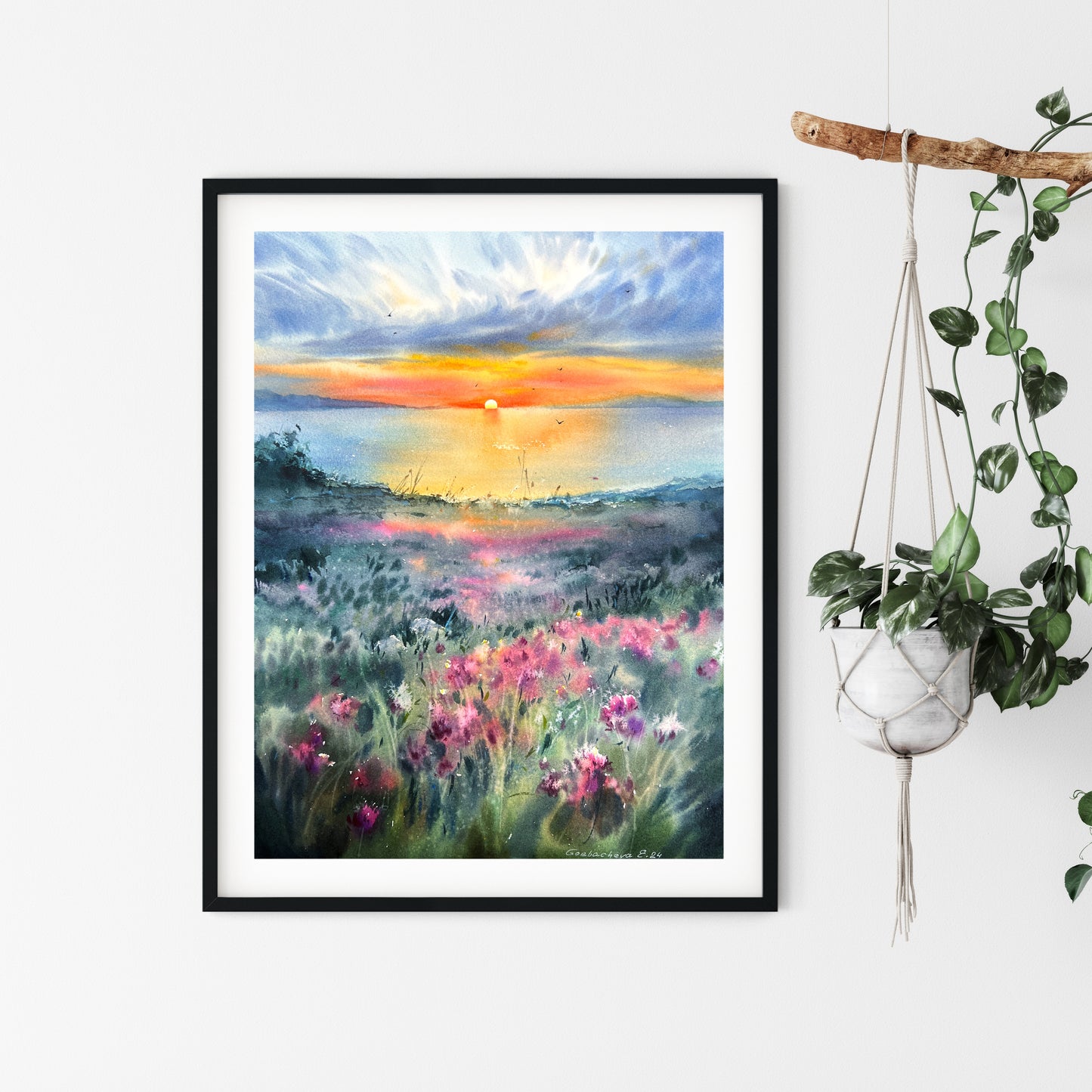 Original Watercolor Painting: Flowers and Sea at Sunset with Clover Field Art