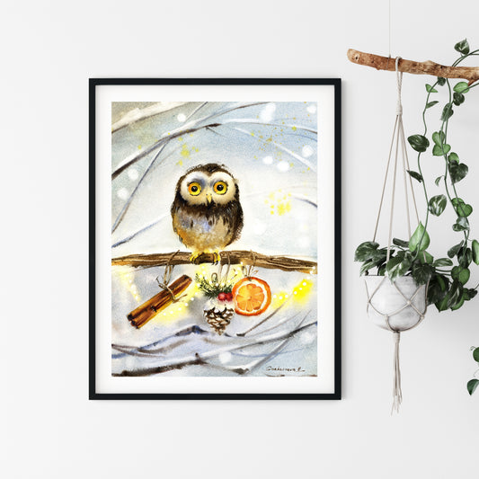 Christmas Owl Art Print, Nursery Wall Decor, Watercolor Woodland Art, Owl illustration, Bird Lover Gift