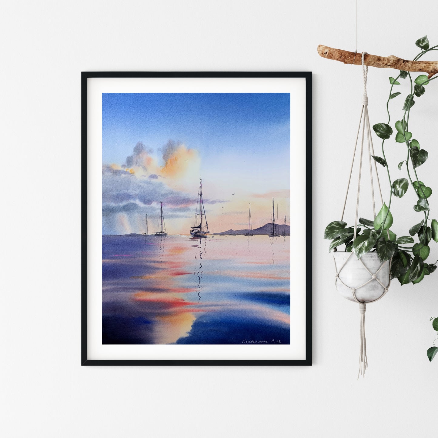 Yacht Watercolor Painting Original, Sailboat Seascape Artwork, Coastal Art, Yachting Bedroom Wall Decor, Gift For Him, Blue Pink