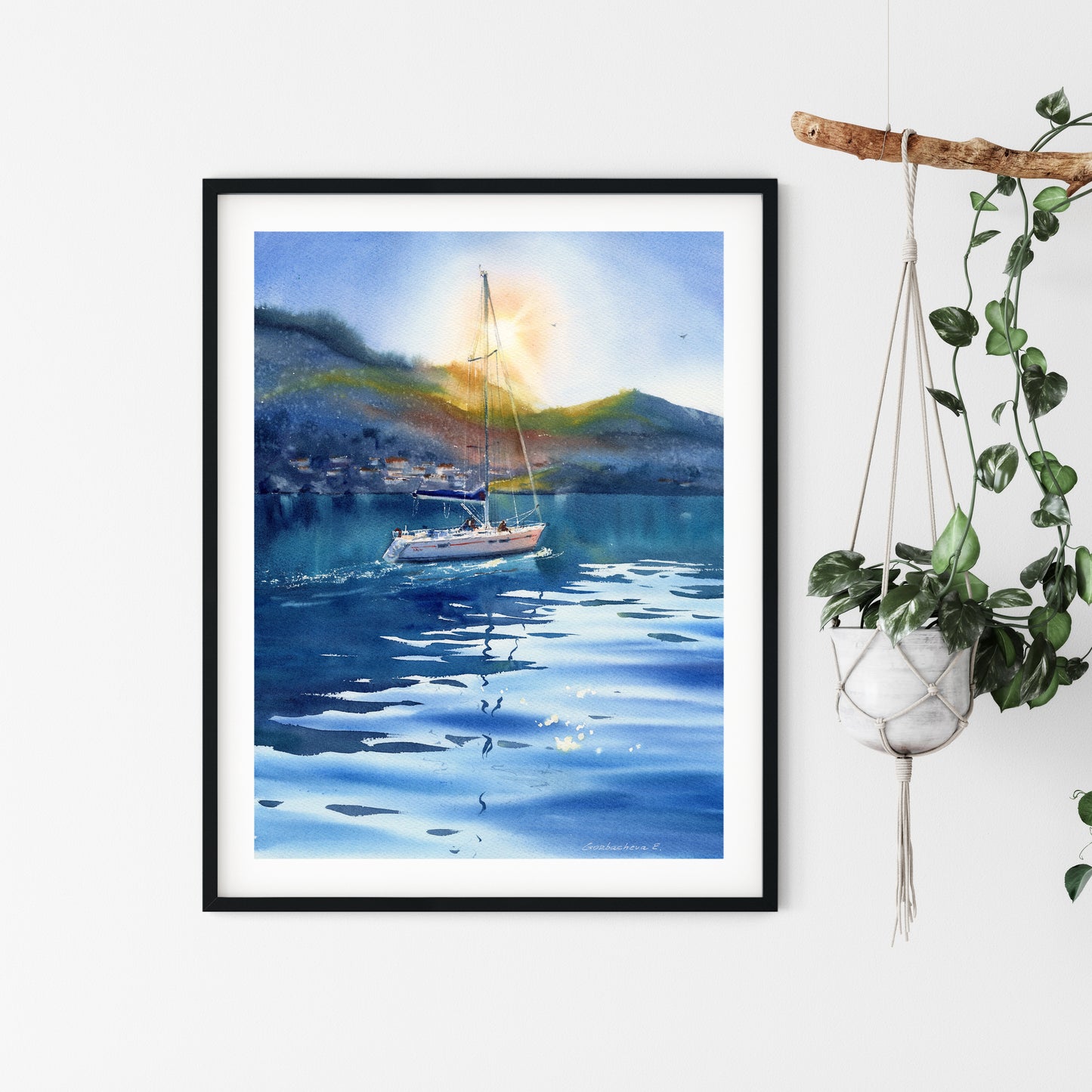 Yachting Painting Original Watercolor, Seascape Artwork - Yacht in the sun - 12x16 inch