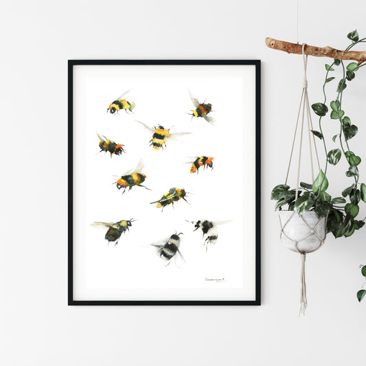 Watercolor Bees, Wall Art Print, Yellow Black Minimalist Decor, Bee Sketch, Watercolour Bumblebee, Bee Themed Gift