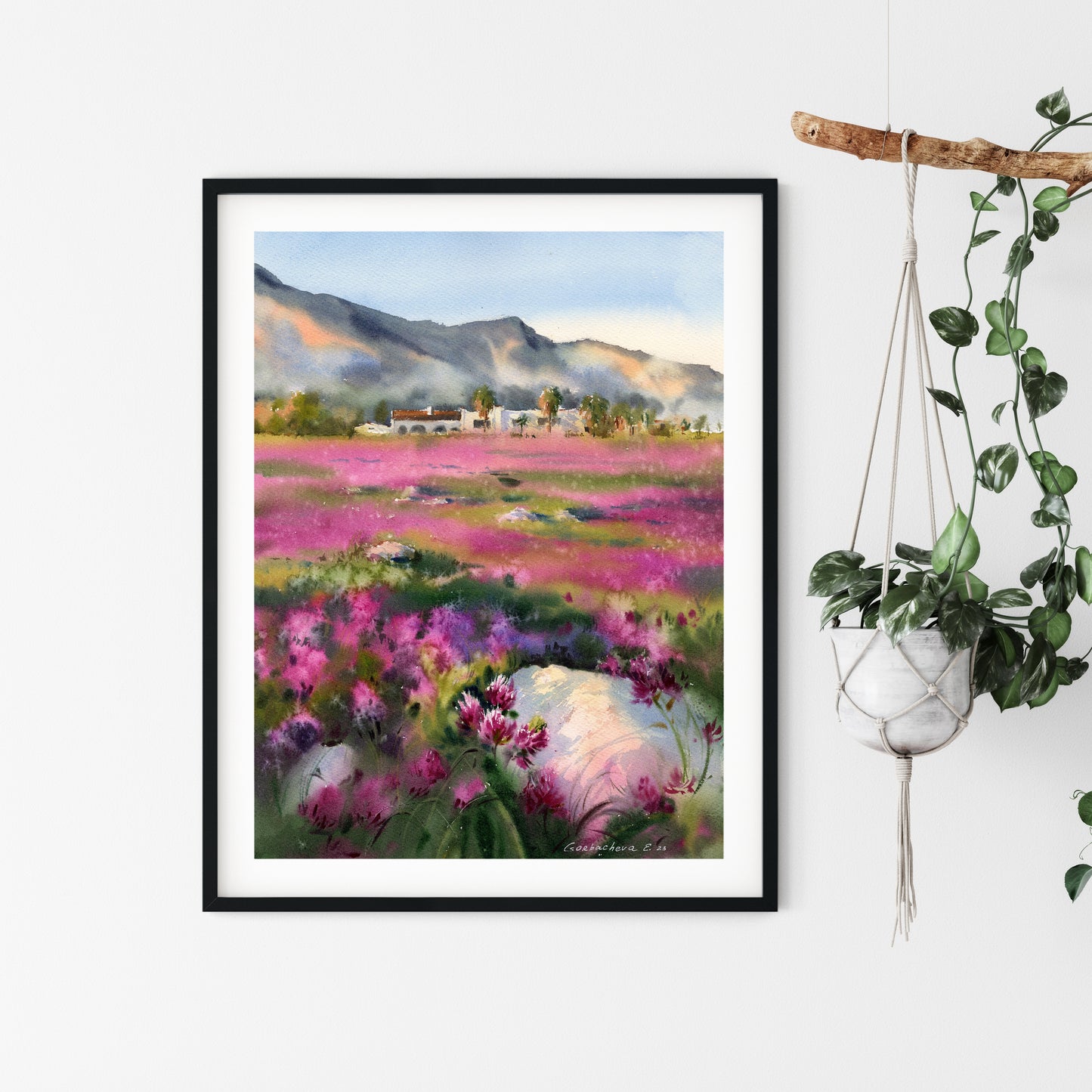 Сolorful Landscape Painting Watercolor Original, Wildflower Wall Art, Nature Artwork, Pink Clover Field