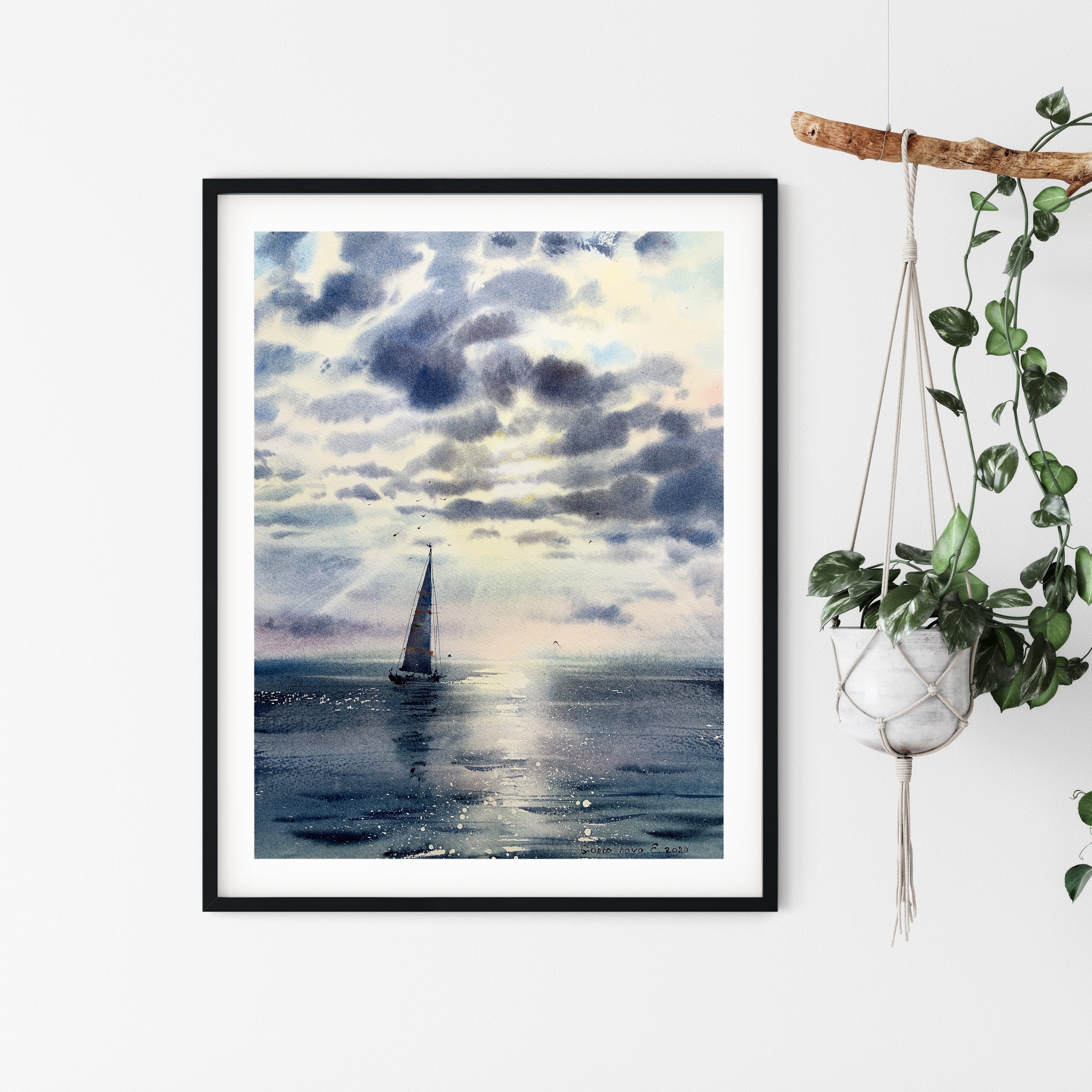 Sailboat painting seascape online original watercolor,nautical artwork,coastal painting,yacht watercolor,laguna beach art,small mountain art