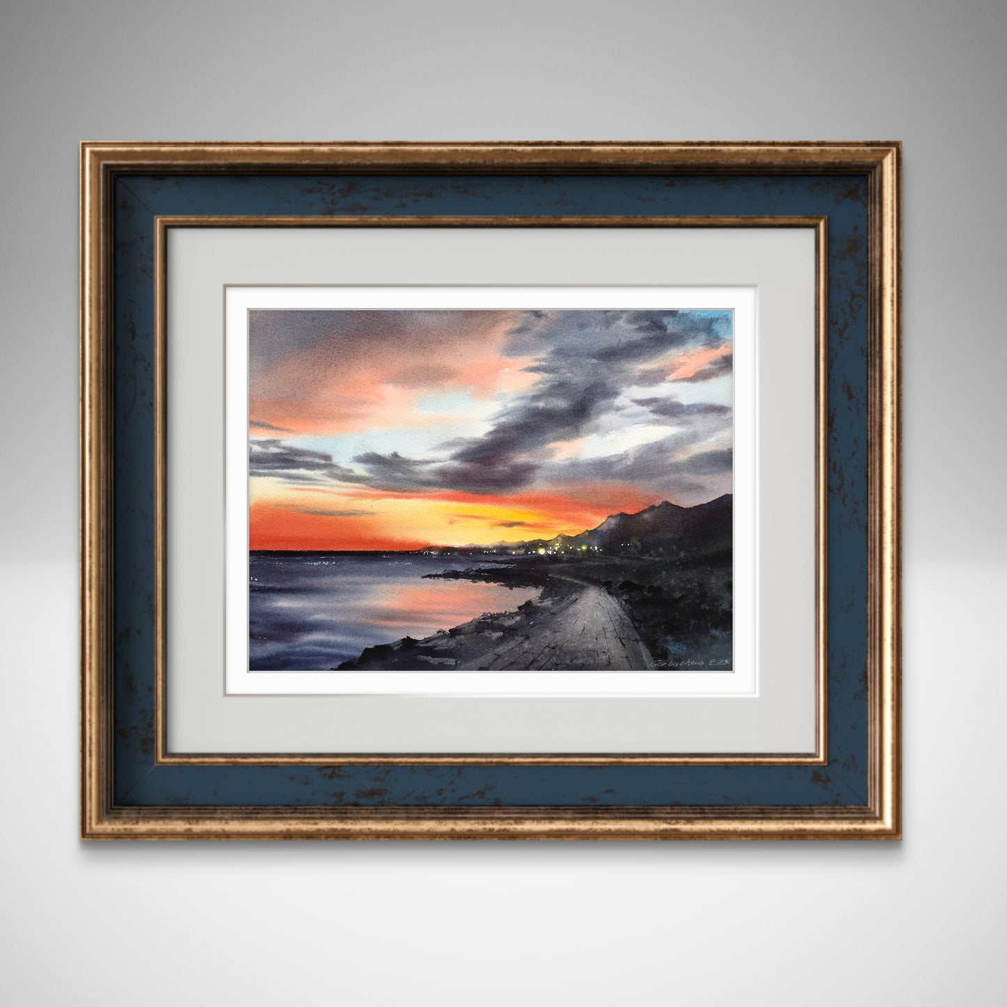 Coastal Sunset Painting, Sea Beach Watercolor Original Art, Landscape Wall Art, Sky, Nature, Orange Grey, Gift For Mom