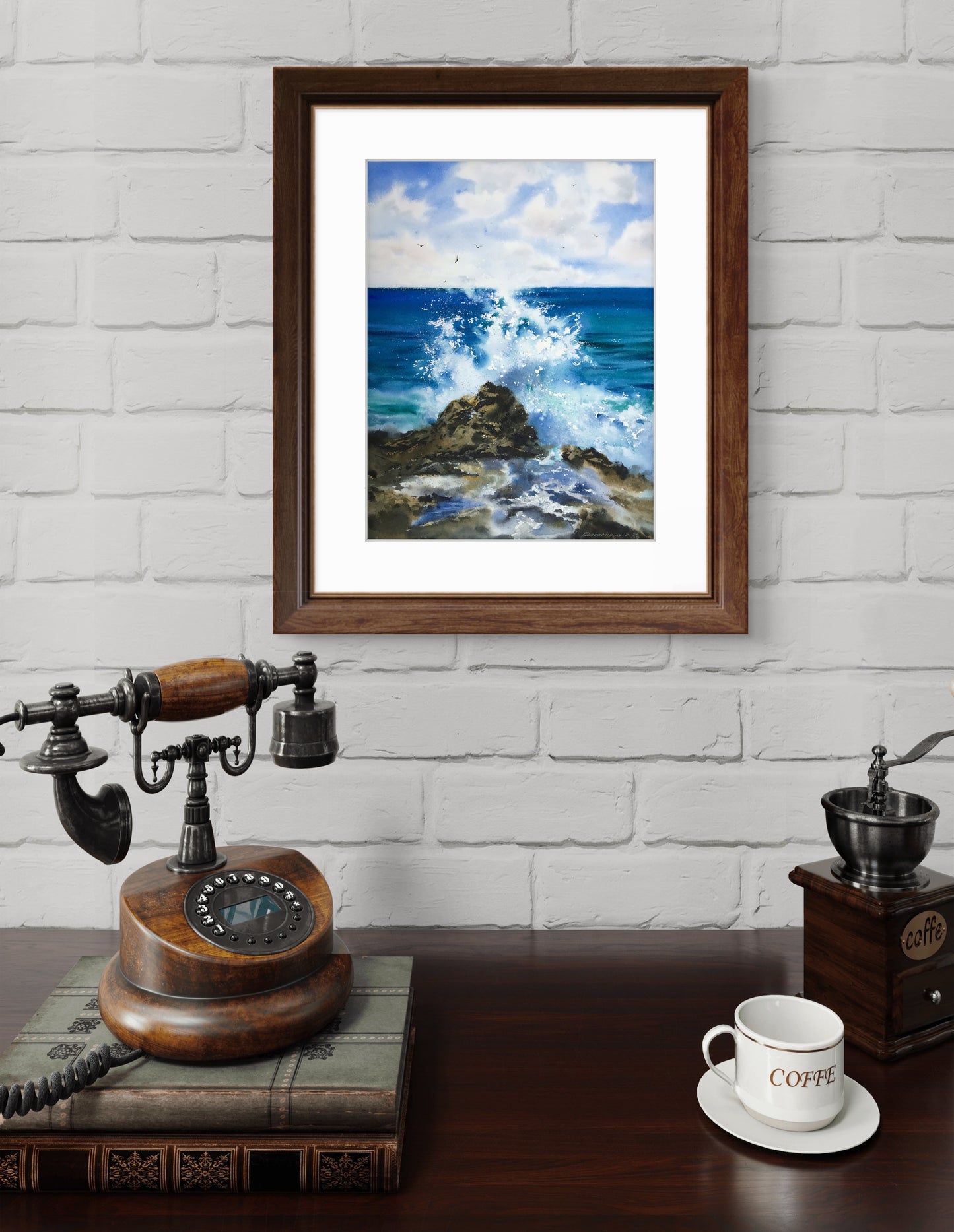 Watercolor original painting "Waves and rocks #11", 12x16